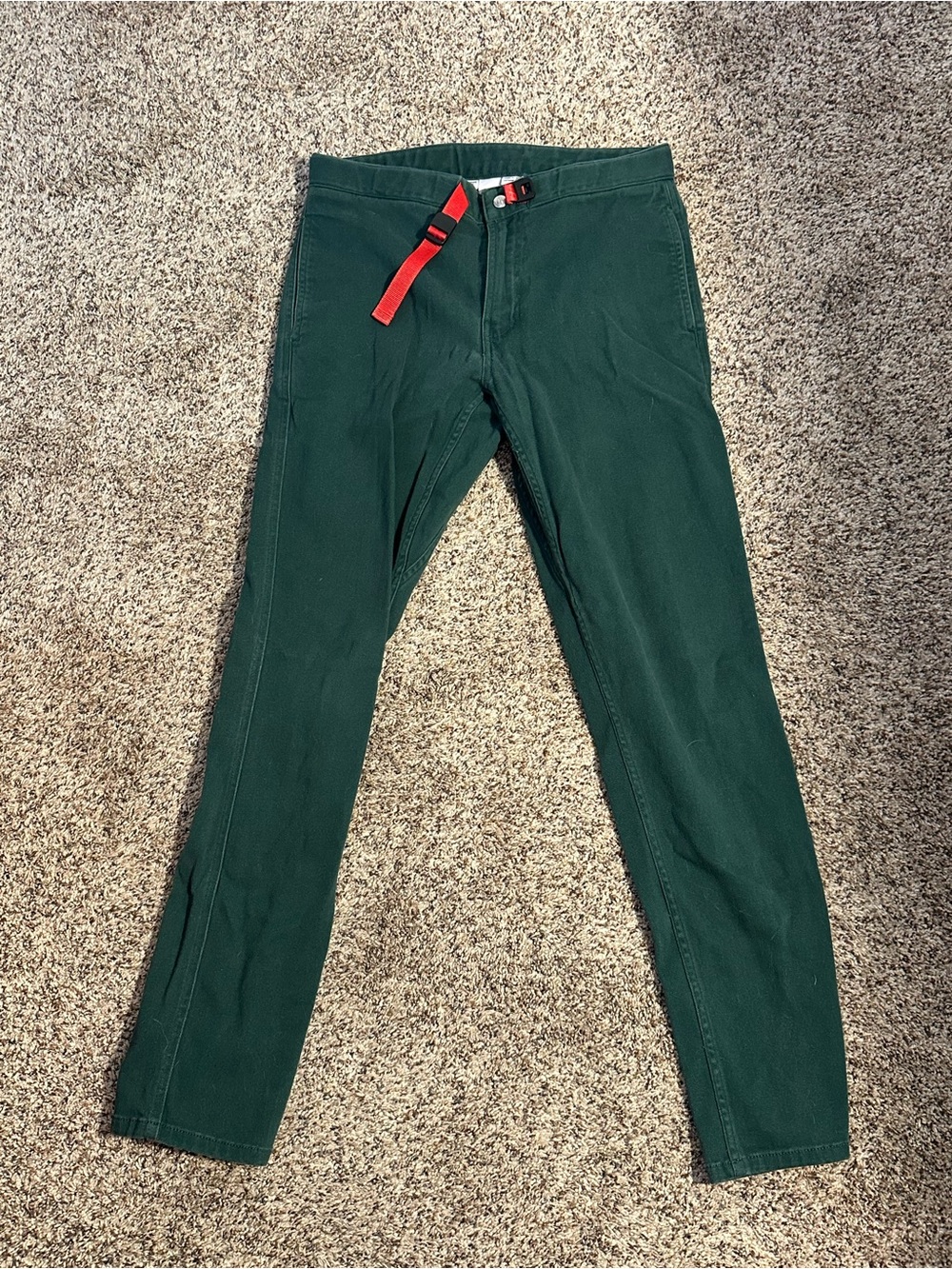Topo Designs Forest Green Chinos with Red Webbing Belt